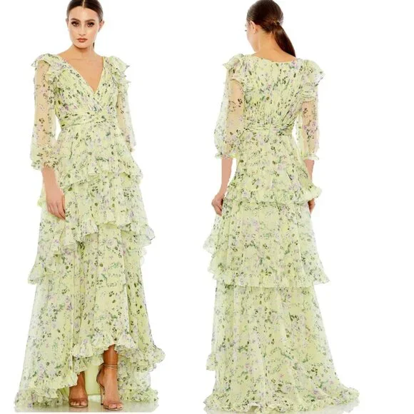 green emerald velvet dress Mac Duggal Ruched Tiered Spaghetti Strap Gown